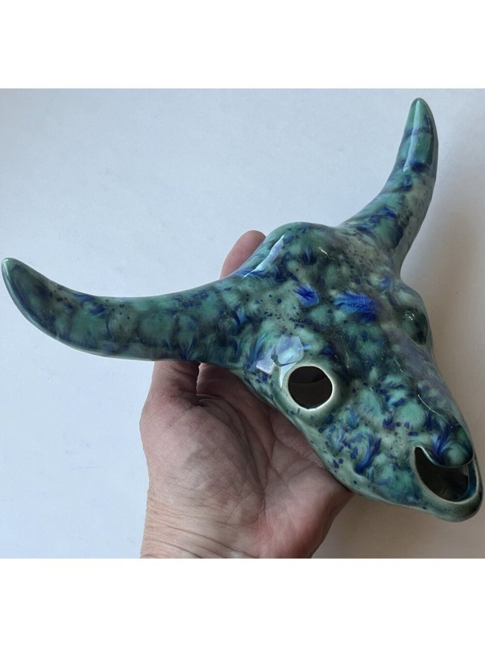 Ceramic Bull Steer Skull Blue Green Decorative Southwest Wall Desk Decor Taurus